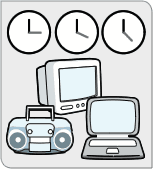Three clocks, positioned over a television, radio, and laptop computer.
