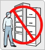 Image of a man next to a filing cabinet and a bookshelf, with a NO sign.