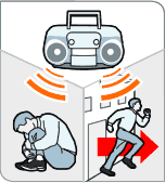 Image of a radio with a man deciding whether to duck and cover or run away.