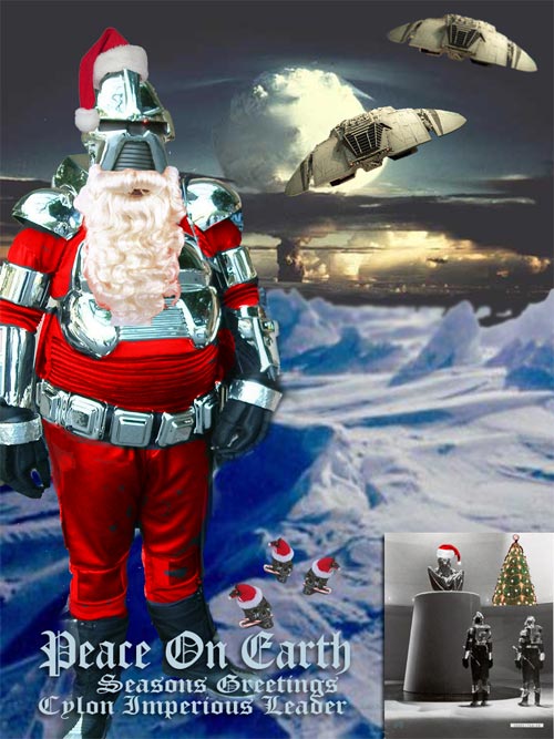 [Various images from the original Battlestar Galactica series, with photoshopped Santa hats on the Cylons]
